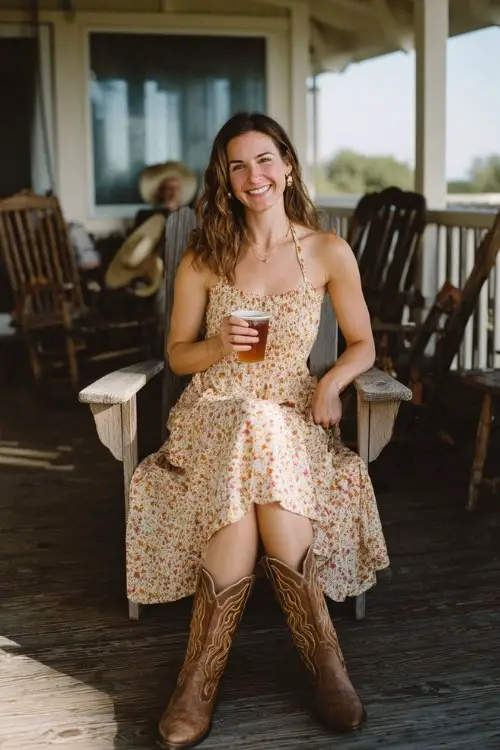 A woman wears a breezy halter dress with straw accessories and light brown cowboy boots