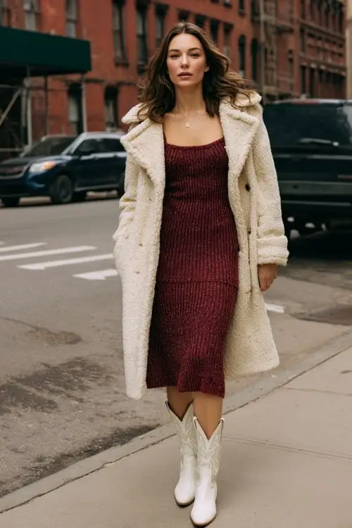 A woman wears a burgundy knit midi dress under a shearling-lined coat with white cowboy boots