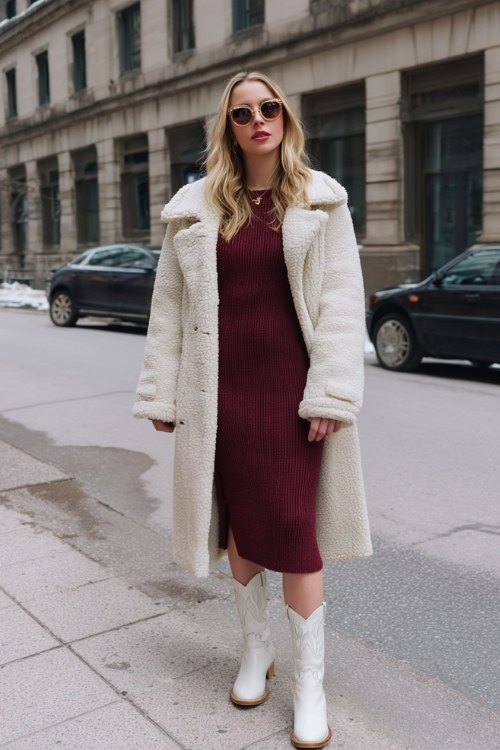 A woman wears a burgundy knit midi dress under a shearling-lined coat with white cowboy boots