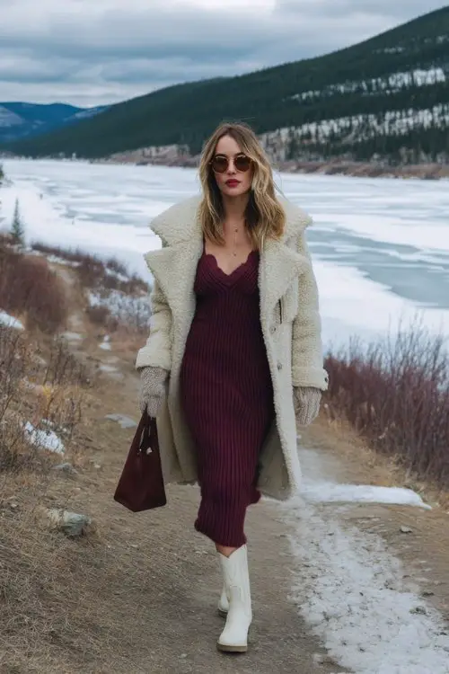A woman wears a burgundy knit midi dress under a shearling-lined coat with white cowboy boots