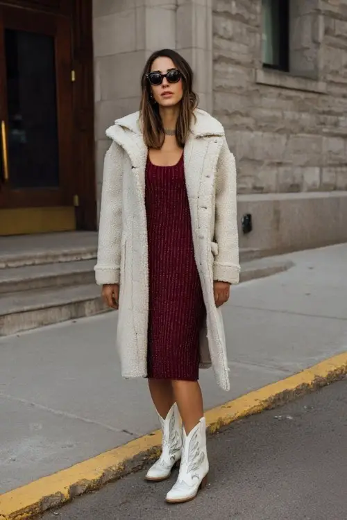 A woman wears a burgundy knit midi dress under a shearling-lined coat with white cowboy boots