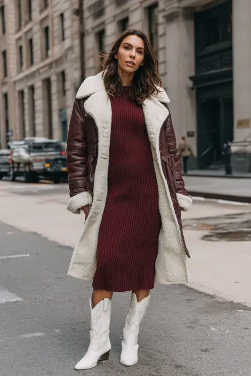 A woman wears a burgundy knit midi dress under a shearling-lined coat with white cowboy boots