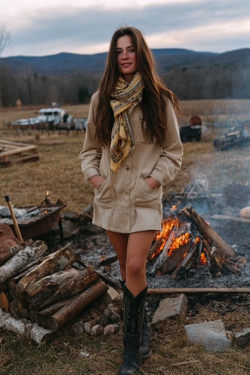 A woman wears a corduroy mini dress with long sleeves and black cowboy boots, layering with thermal tights and a cozy oversized scarf