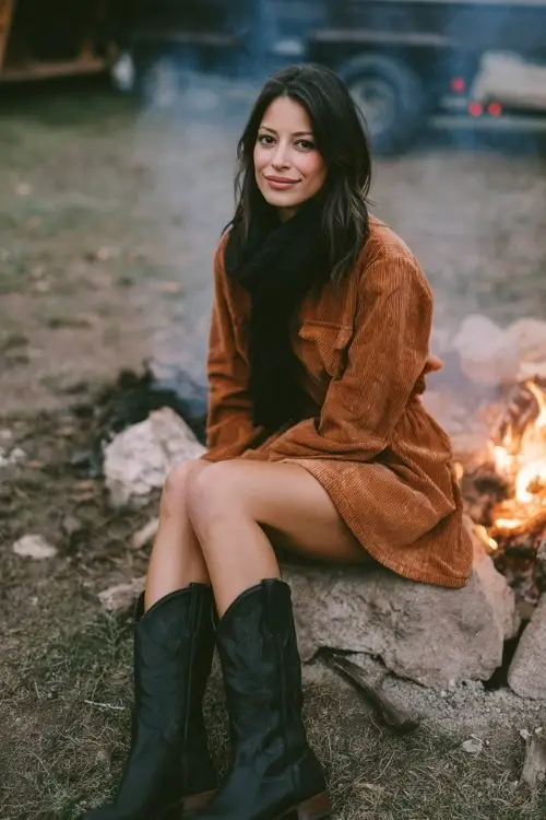 A woman wears a corduroy mini dress with long sleeves and black cowboy boots