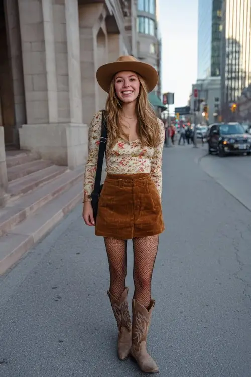 A woman wears a corduroy mini skirt, patterned tights, and cowboy boots