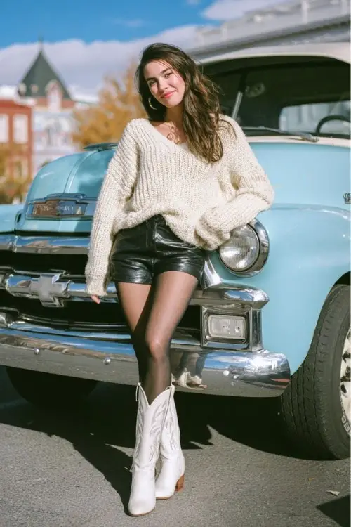 A woman wears a cozy oversized sweater with leather shorts, black tights, and white cowboy boots