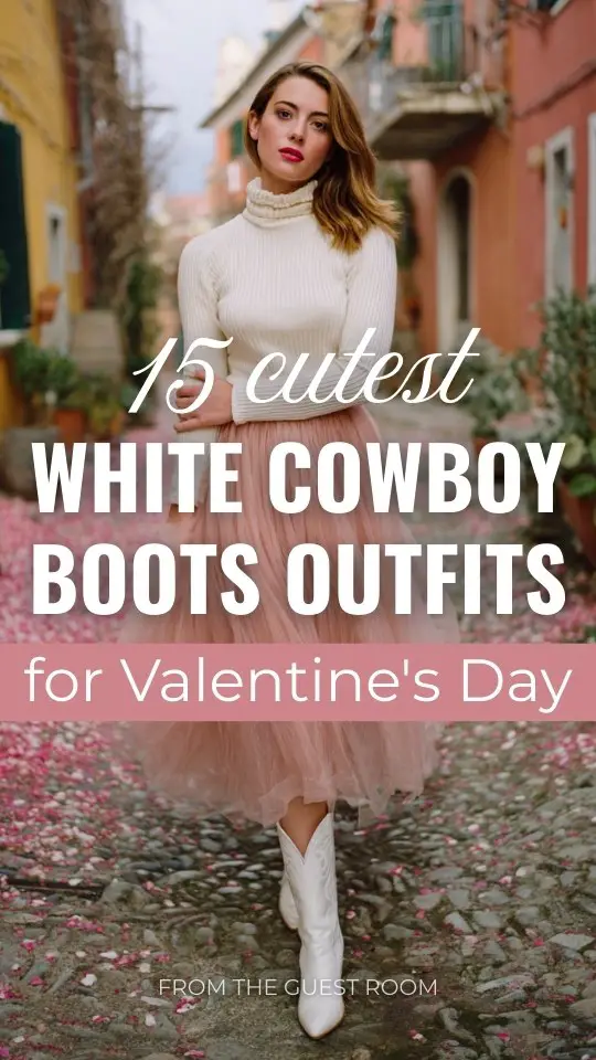A woman wears a cream ribbed turtleneck tucked into a blush pink pleated tulle skirt with white cowboy boots
