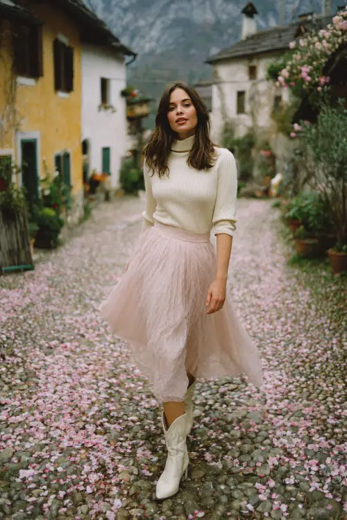 A woman wears a cream ribbed turtleneck tucked into a blush pink pleated tulle skirt with white cowboy boots