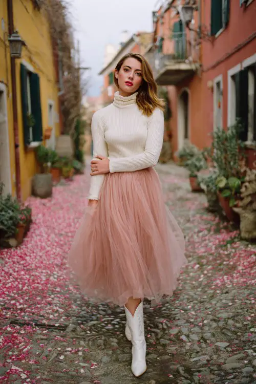 A woman wears a cream ribbed turtleneck tucked into a blush pink pleated tulle skirt with white cowboy boots