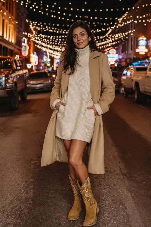 A woman wears a cream turtleneck sweater dress with tan cowboy boots, layered with a long camel coat