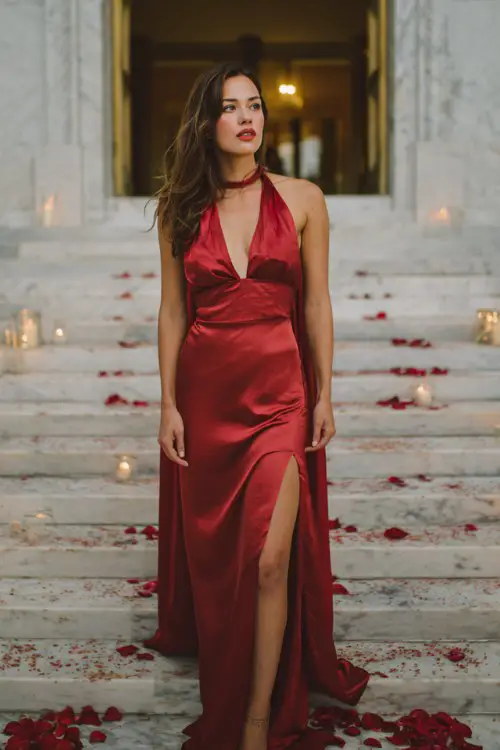 A woman wears a crimson satin halter-neck gown with a flowing cape back and open sides
