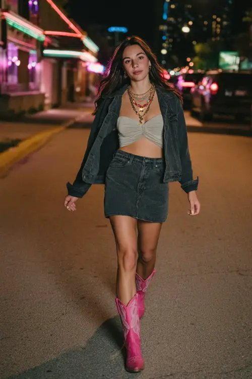 A woman wears a dark denim mini skirt with a fitted top and pink cowboy boots, paired with a cropped jacket and layered necklaces