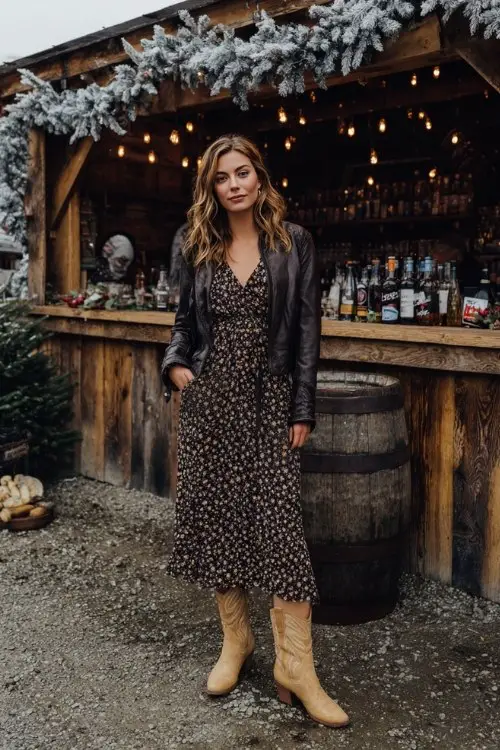 A woman wears a dark floral long-sleeve midi dress under a cropped leather jacket with tan western cowboy boots