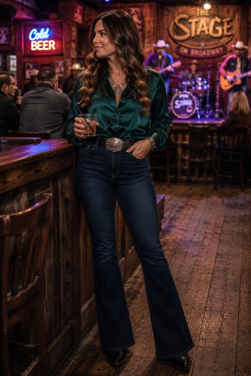 A woman wears a deep emerald satin blouse tucked into high-waisted dark flare jeans with polished black cowboy boots, a statement western belt buckle, and silver jewelry