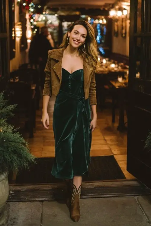 A woman wears a deep green velvet dress with a cropped suede jacket and cowboy boots