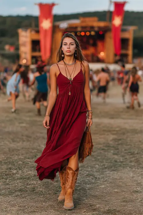 A woman wears a deep red flowy maxi dress with boho jewelry, tan western boots, and a brown fringe bag