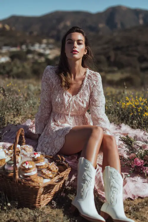 A woman wears a delicate pale blush lace dress with long sleeves and white cowgirl boots