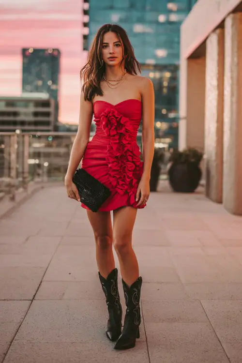 A woman wears a fiery red ruffle mini dress with black cowboy boots and a sleek black clutch