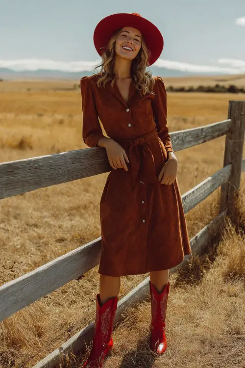 A woman wears a fitted button-up suede midi dress with long sleeves, bold red cowboy boots, and a matching red wide-brim hat