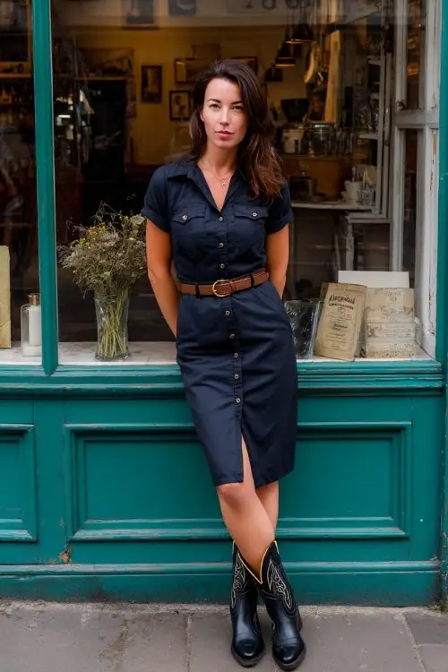 A woman wears a fitted midi shirt dress in navy with a leather belt and classic black cowboy boots