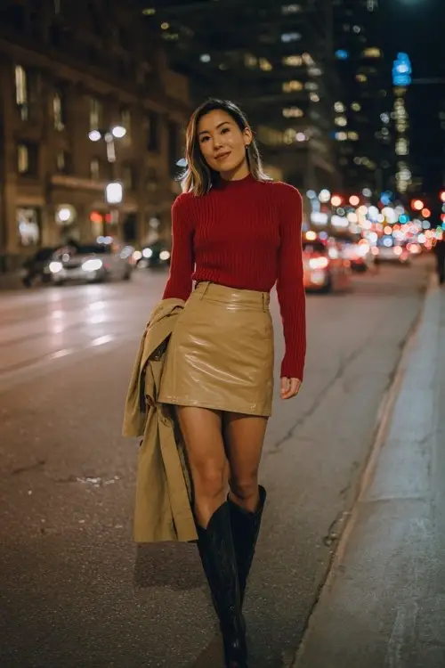A woman wears a fitted red sweater tucked into a faux leather mini skirt, styled with black cowboy boots and a tan trench coat