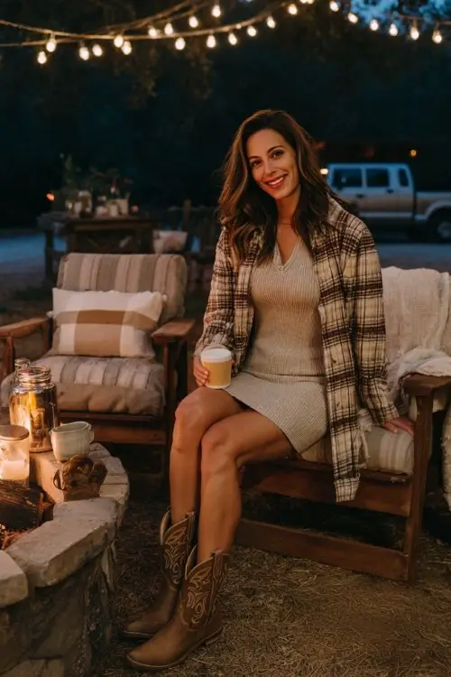 A woman wears a fitted ribbed dress in a neutral tone with a plaid overshirt and brown cowboy boots