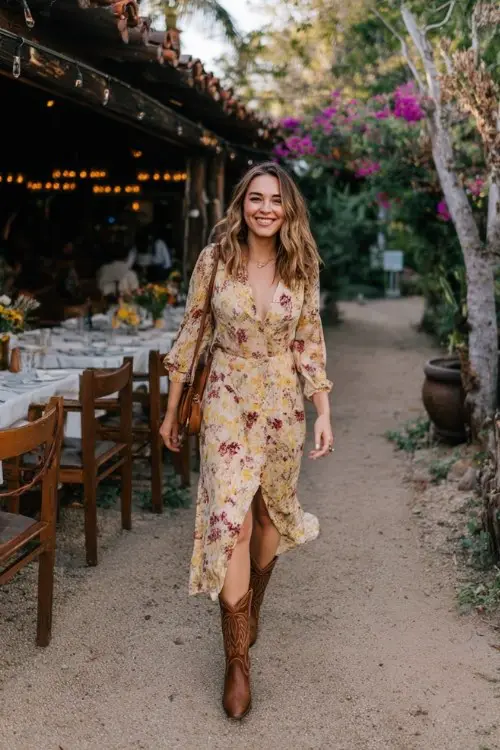 A woman wears a floral midi wrap dress with a leg slit and brown cowboy boots, walking through a garden-lit outdoor restaurant
