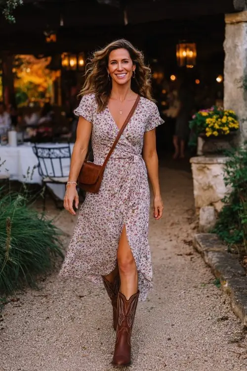 A woman wears a floral midi wrap dress with a leg slit and brown cowboy boots