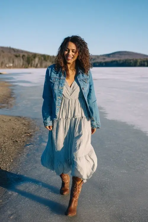 A woman wears a flowy midi dress with long sleeves and a denim jacket, paired with western boots