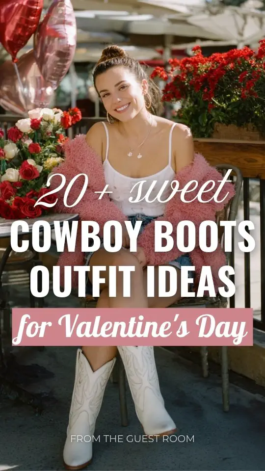 A woman wears a fluffy pink cardigan over a white tank top with a denim mini skirt and white cowboy boots