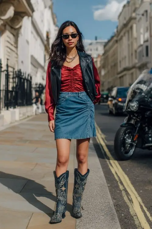 A woman wears a high-waisted denim skirt with a ruched satin top and cropped moto jacket, paired with mid-calf embroidered cowboy boots, on the street (2)