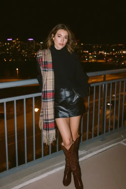A woman wears a leather mini skirt with a cozy turtleneck sweater tucked in, paired with knee-high cowboy boots and an oversized plaid scarf