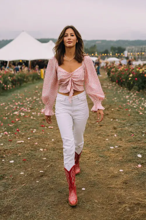A woman wears a light pink tie-front blouse with ruffle cuffs, high-waisted white jeans, and red cowboy boots