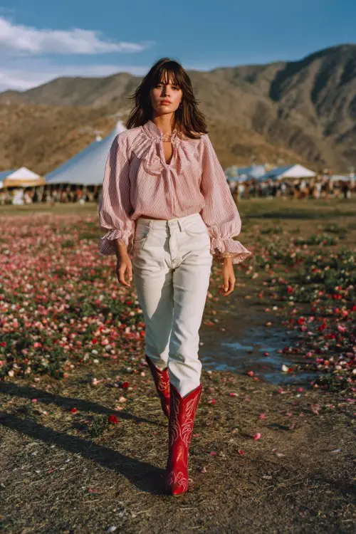 A woman wears a light pink tie-front blouse with ruffle cuffs, high-waisted white jeans, and red cowboy boots