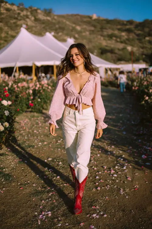A woman wears a light pink tie-front blouse with ruffle cuffs, high-waisted white jeans, and red cowboy boots
