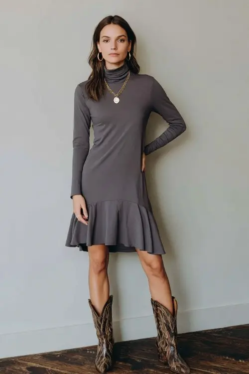 A woman wears a long-sleeve mock-neck dress in slate gray with a flared hem, styled with snakeskin-print cowboy boots and minimal gold accessories
