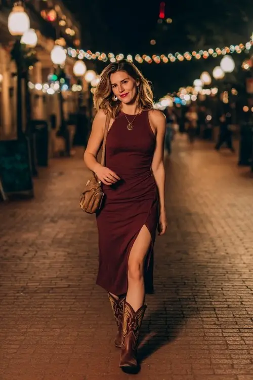 A woman wears a maroon midi dress with a thigh slit, paired with brown cowboy boots and a crossbody bag
