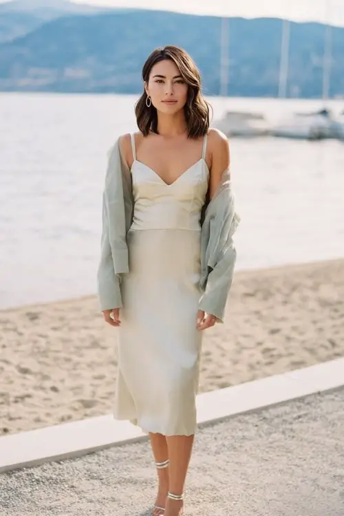 A woman wears a minimalist silk slip dress layered with a cropped organza jacket and strappy heels, lakeside spring wedding setting