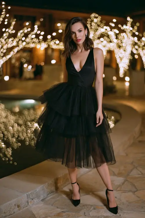 A woman wears a modern black tulle skirt dress with sleek satin bodice and dramatic layered volume, paired with statement heels