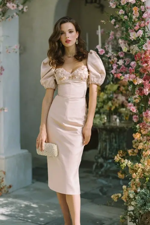 A woman wears a pastel midi dress with sculpted puff sleeves, delicate floral appliqué, pearl heels, and a jeweled clutch