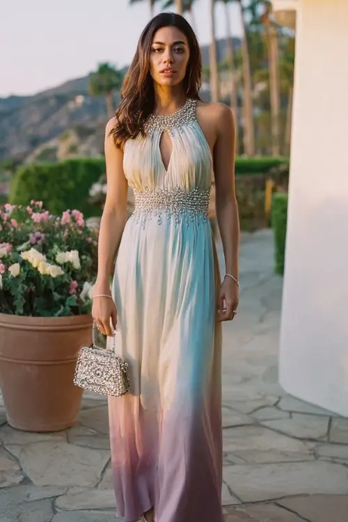 A woman wears a pastel ombré maxi dress with shimmering beadwork along the neckline, strappy heels, and a jeweled handbag