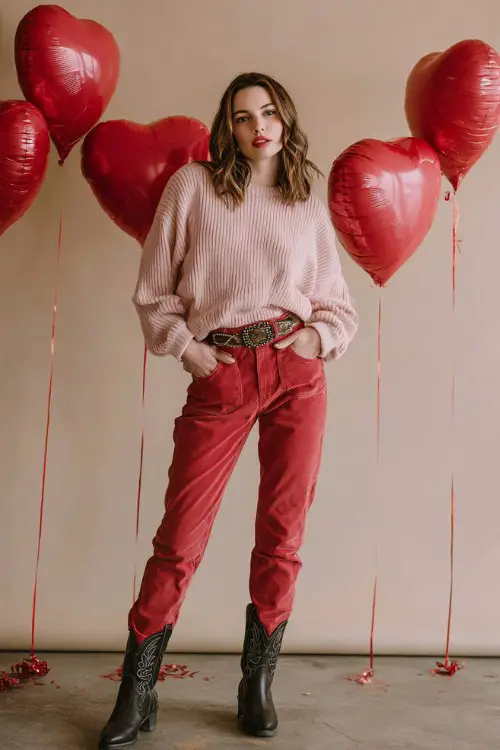 A woman wears a pink ribbed sweater tucked into red skinny jeans with a statement belt and black cowboy boots