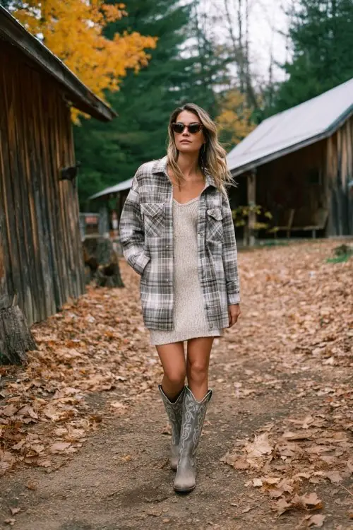 A woman wears a plaid shacket over a knit dress with tall cowboy boots