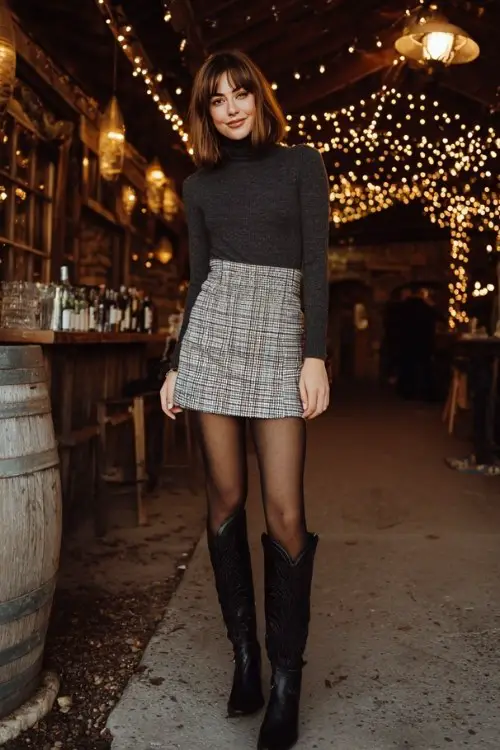 A woman wears a plaid wool mini skirt with black tights, a fitted turtleneck, and tall black cowboy boots