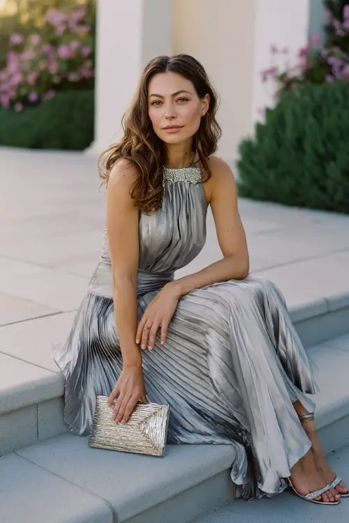 A woman wears a pleated satin dress with sculptural neckline detail, metallic sandals, and a crystal clutch, modern outdoor wedding venue with spring florals