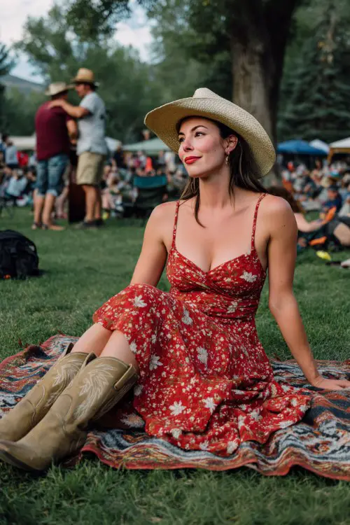 A woman wears a red floral spaghetti strap maxi dress with beige cowboy boots and a wide-brimmed straw hat