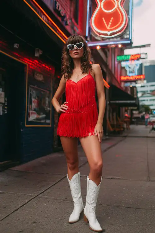 A woman wears a red fringe mini dress with white cowboy boots, heart-shaped sunglasses, and soft curls
