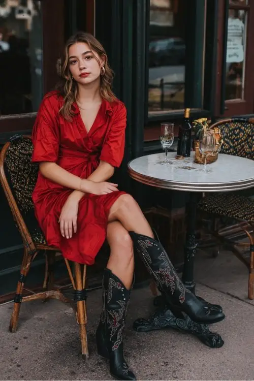 A woman wears a red midi wrap dress with embroidered black cowboy boots