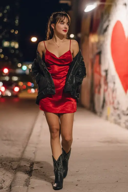 A woman wears a red silk slip dress with a black leather jacket and black cowboy boots