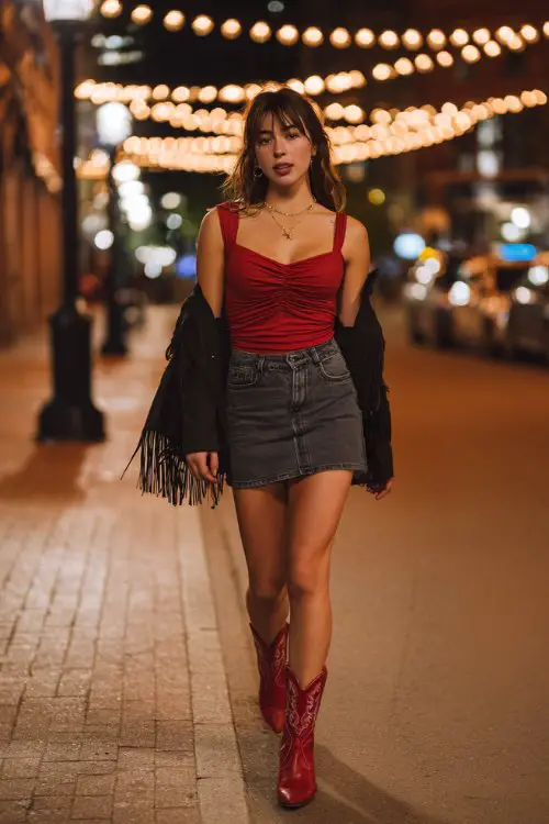 A woman wears a ruched red top tucked into a high-waisted denim mini skirt, finished with red cowboy boots and a black suede fringe jacket